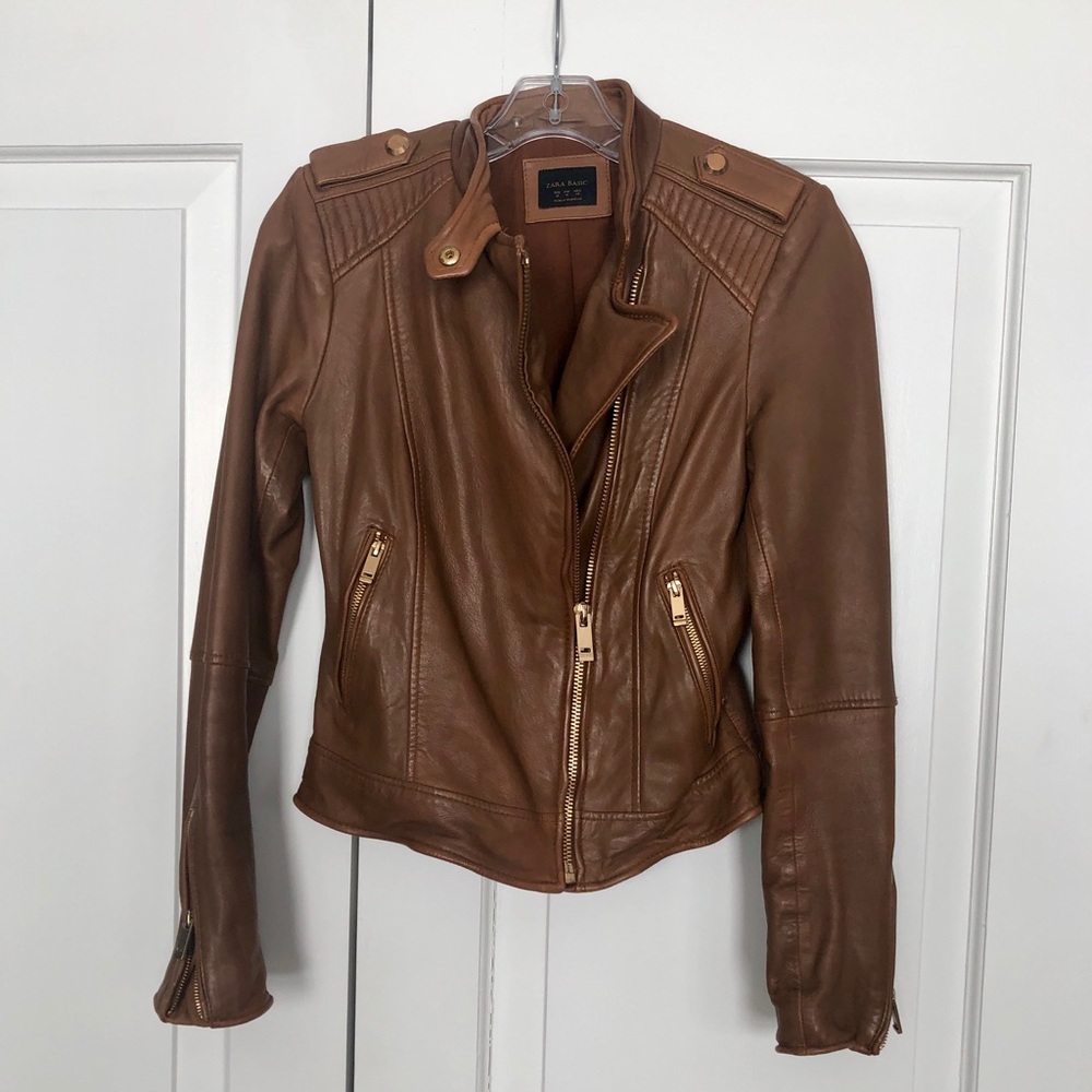 Zara brown/tan leather jacket, size M